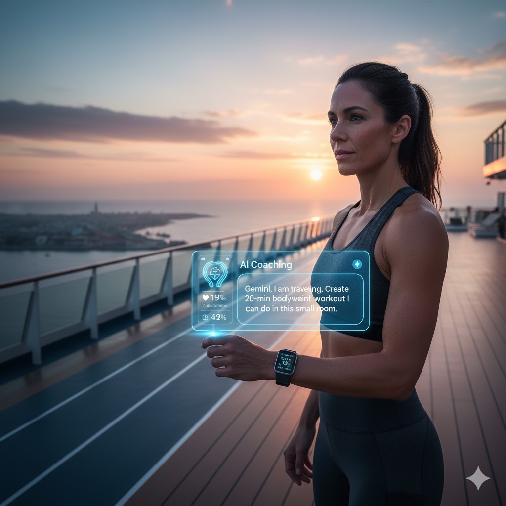 a fitness entheusiast using AI and a fitness tracker while on a cruise vacation
