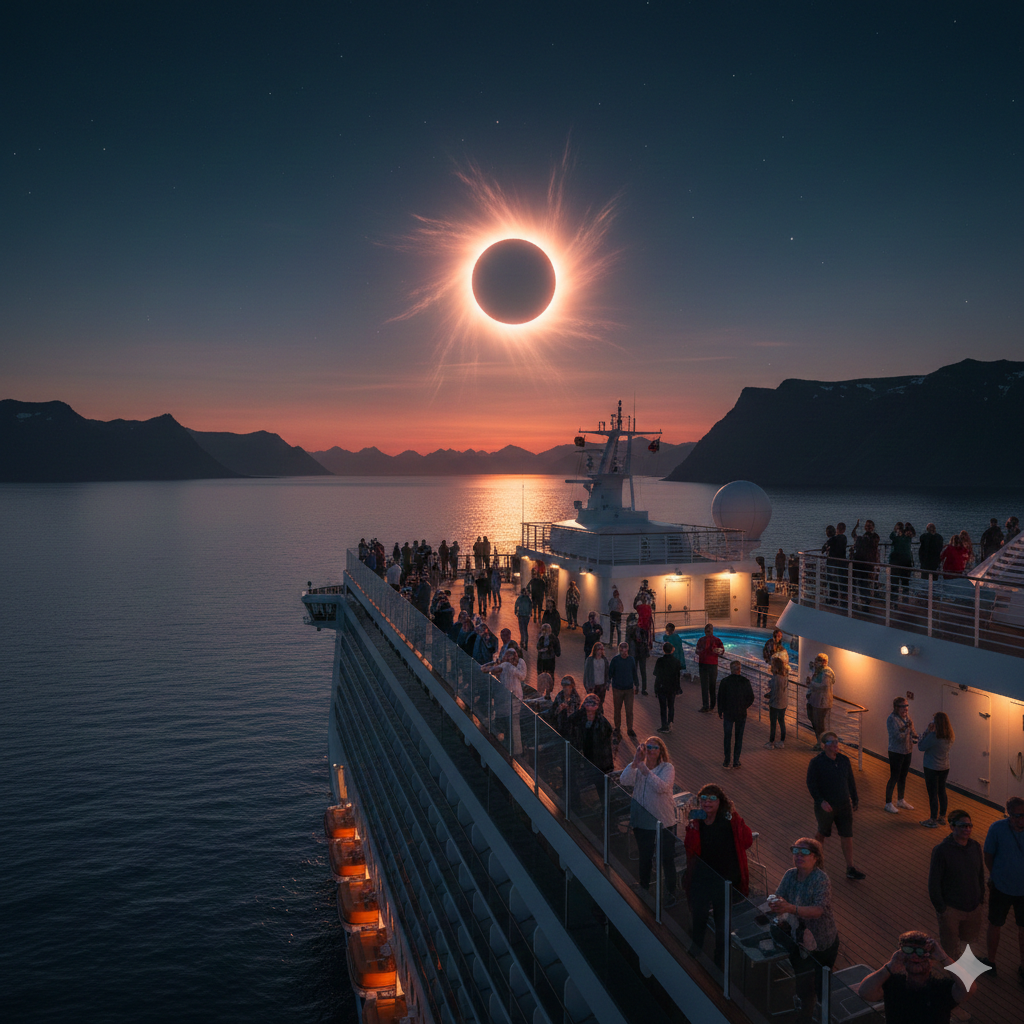 A group of diverse travelers on a luxury cruise ship deck wearing protective solar eclipse glasses and looking up at the sky during totality.