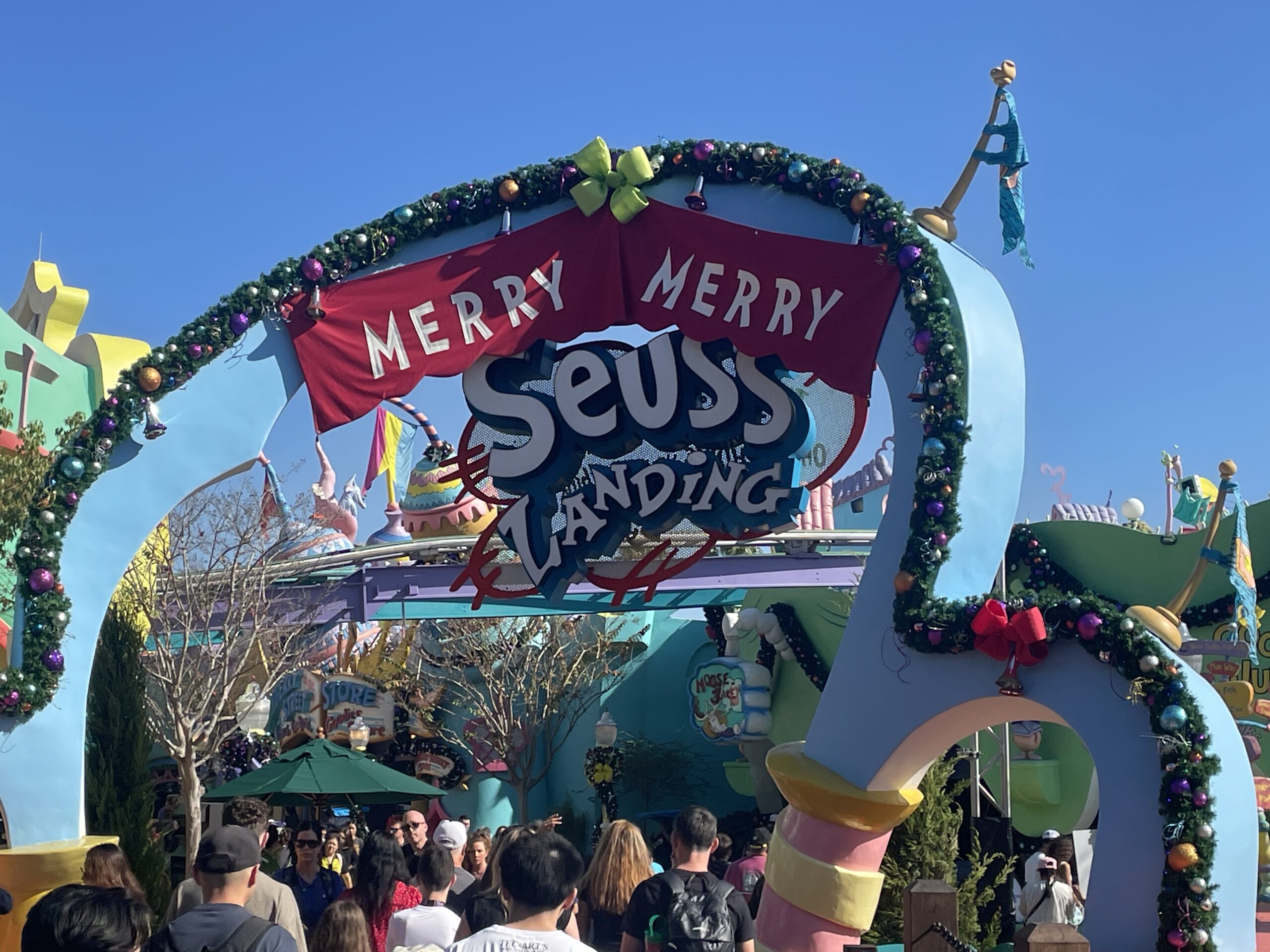 The colorful and whimsical Seuss Landing at Universal Islands of Adventure, featuring the Caro-Seuss-el and toddler-friendly Dr. Seuss attractions.