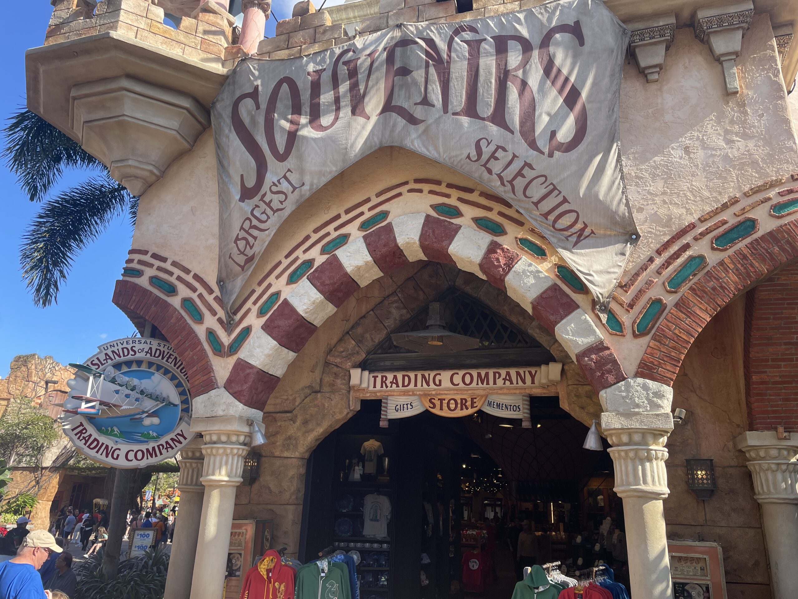 Exterior of the Universal Studios Islands of Adventures Trading Company Souvenirs store at the entrance of Universal Studios Florida.