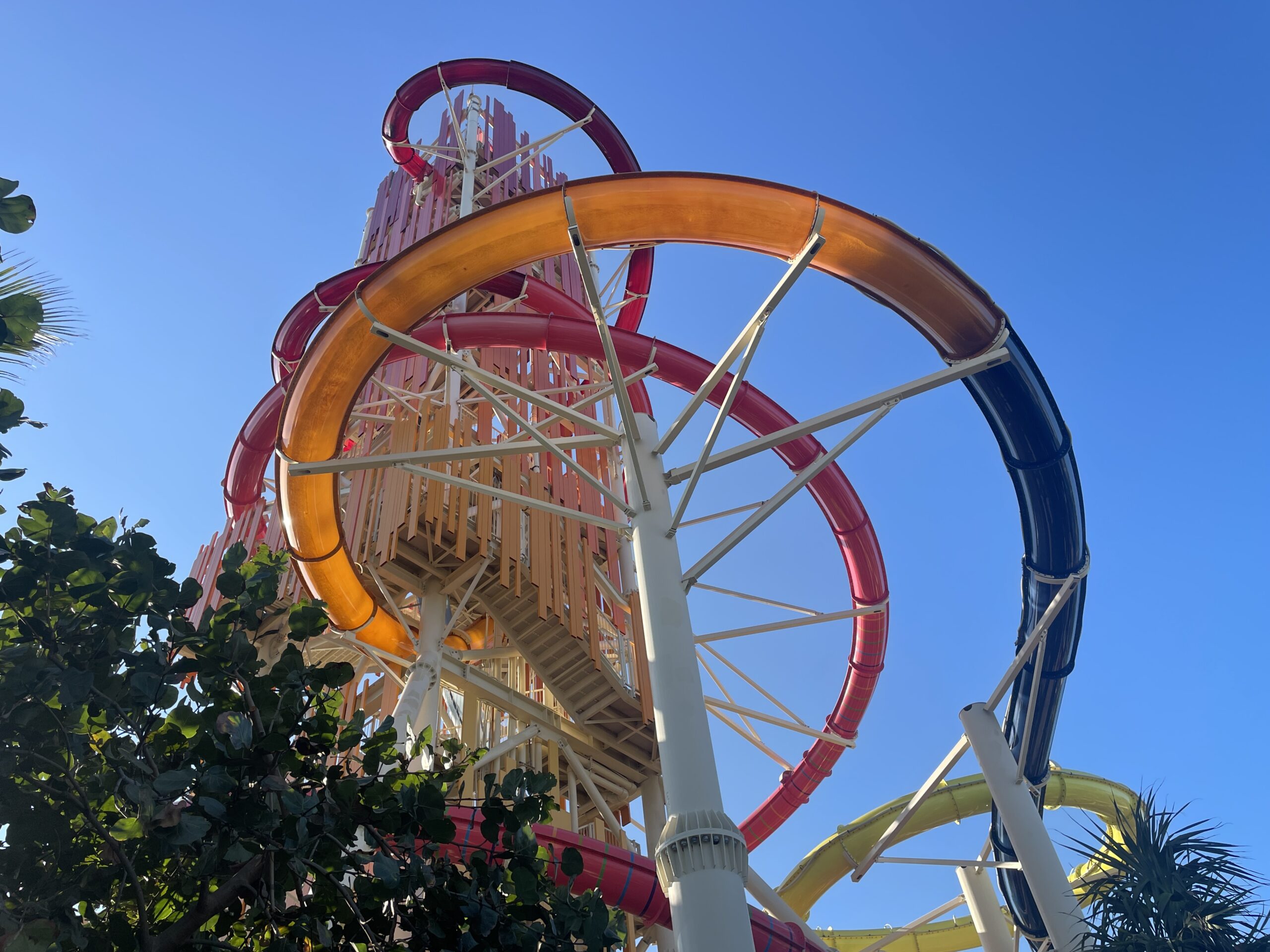 The colorful Daredevil’s Peak waterslide in Thrill Waterpark at Perfect Day at CocoCay, the tallest waterslide in North America.