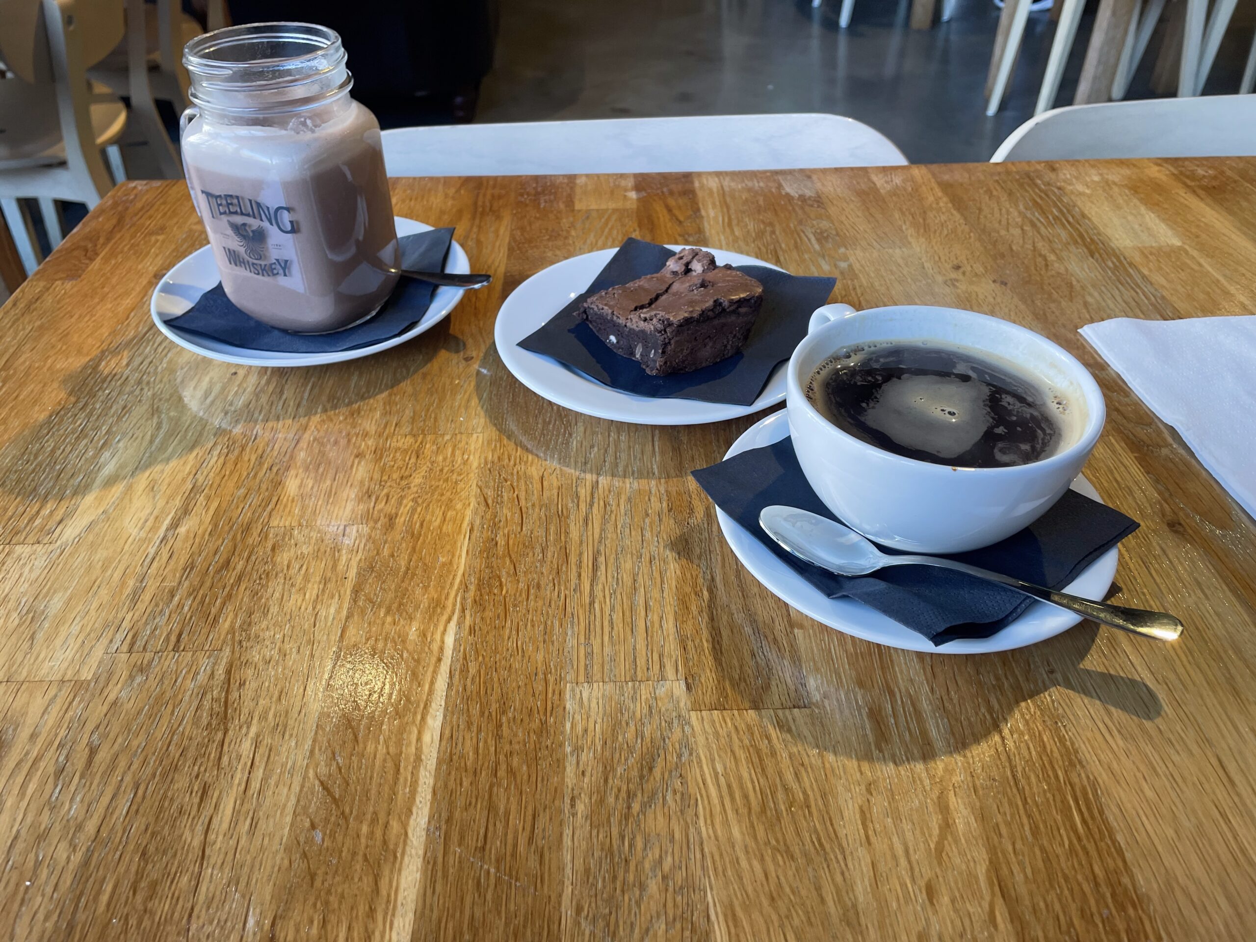 A coffee, a hot chocolate, and a brownie at the Phoenix Cafe in the Teeling Distillery