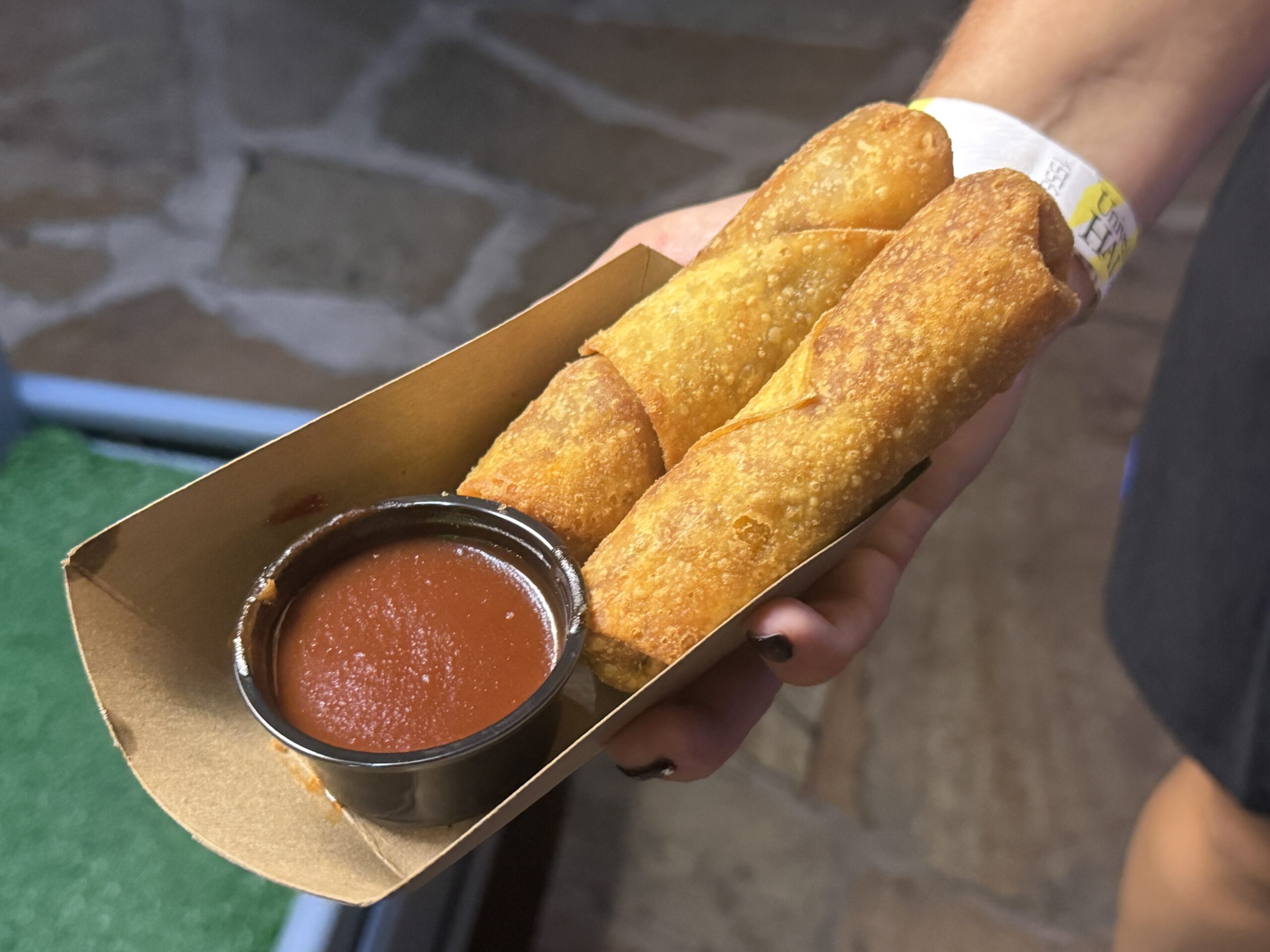 2 BBQ eggrolls from Sinners Club Juke outside Club La Bamba at HHN 35 at Universal Studios.